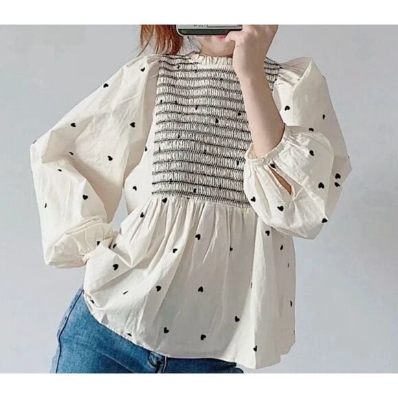 Zara Tops - ZARA Heart Print Long Puff Sleeve Romantic Baby Doll Blouse Size Small